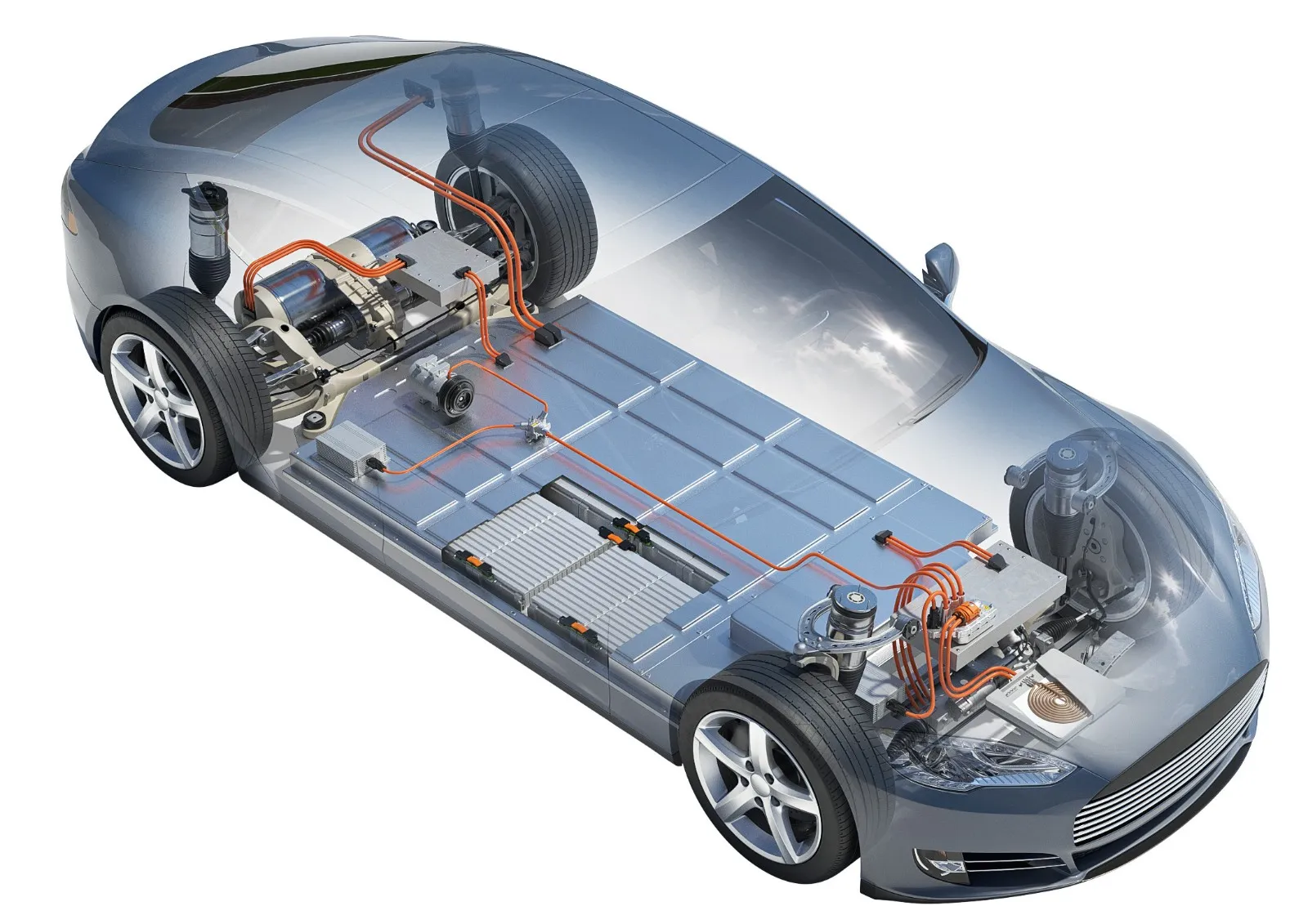 Electric vehicle cutaway showing the complete battery pack, high-voltage cables, drivetrain, wheels and power electronics