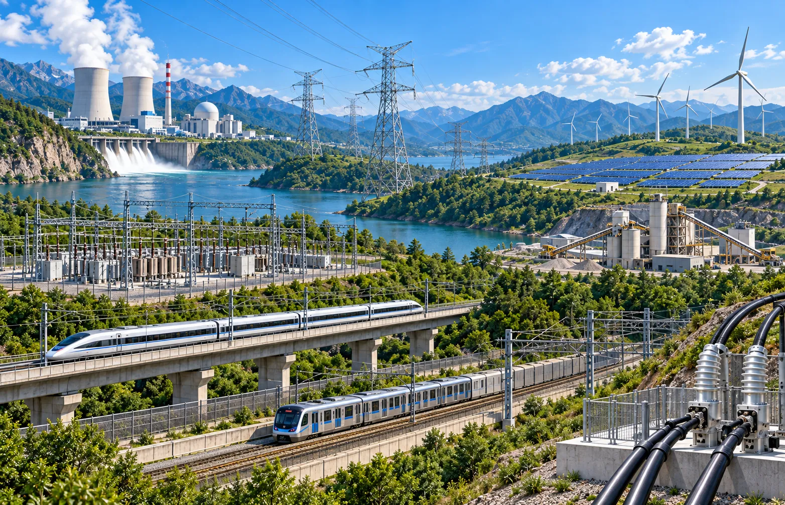 Integrated power and rail infrastructure showing generation plants, substations, transmission lines, renewable energy, industrial power systems, rail transit and high-voltage cable interfaces